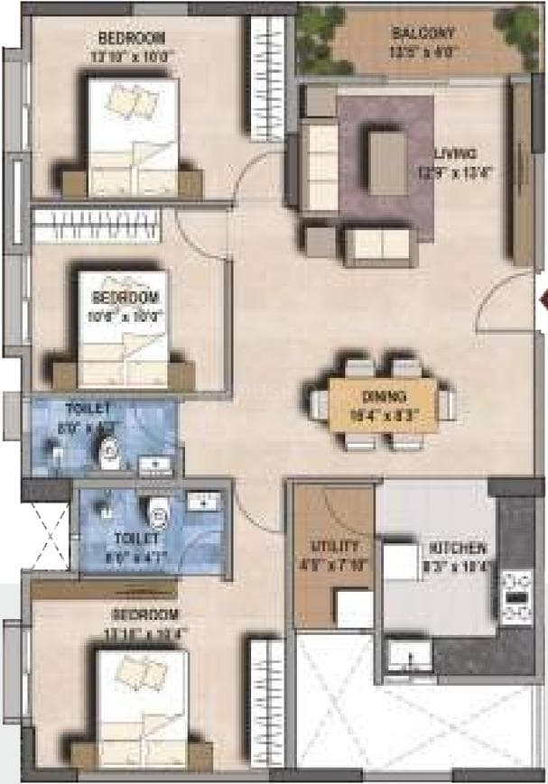 SGR G R Floret - 3 BHK Floor Plan