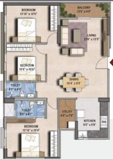 SGR G R Floret - 3 BHK Floor Plan