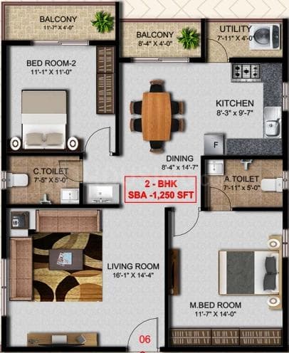 SKR Aura - 2 BHK Floor Plan