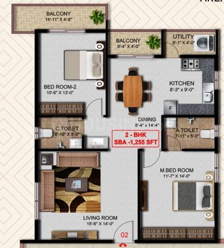 SKR Aura - 2 BHK Floor Plan