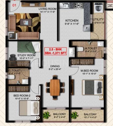 SKR Aura - 2.5 BHK Floor Plan