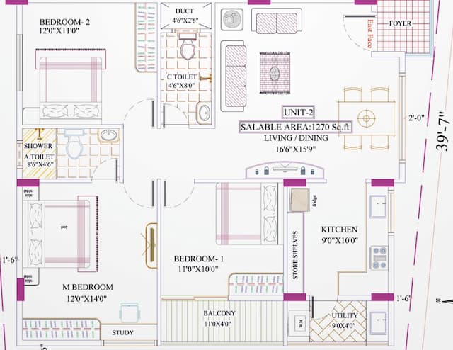 SMV Krishna Paradise - 3 BHK Floor Plan