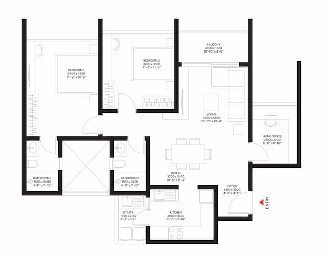 Sobha Madison Heights Townpark Phase 1 W5 To 7 - 2 BHK Floor Plan