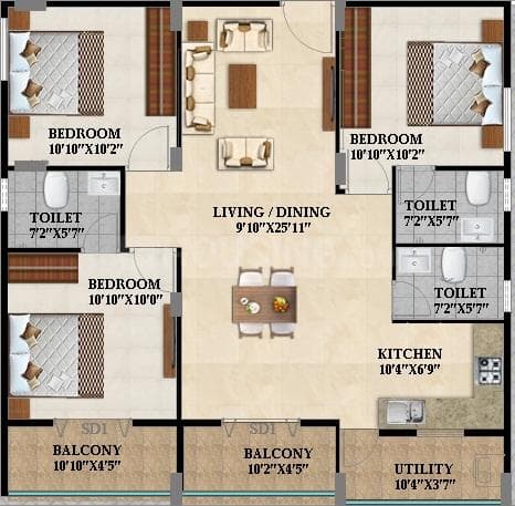 Splendid Lake Breez - 3 BHK Floor Plan