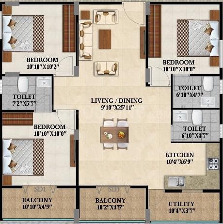 Splendid Lake Breez - 3 BHK Floor Plan