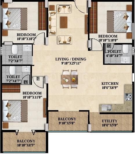 Splendid Lake Breez - 3 BHK Floor Plan