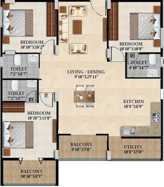 Splendid Lake Breez - 3 BHK Floor Plan