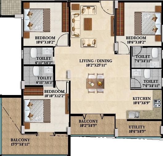 Splendid Lake Breez - 3 BHK Floor Plan