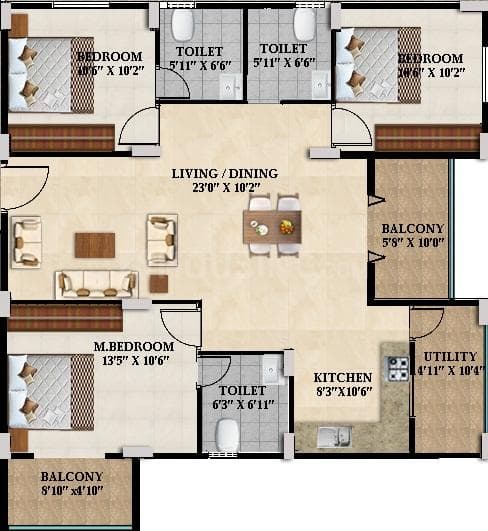 Splendid Lake Breez - 3 BHK Floor Plan