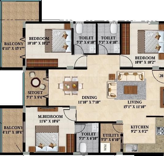 Splendid Lake Breez - 3 BHK Floor Plan