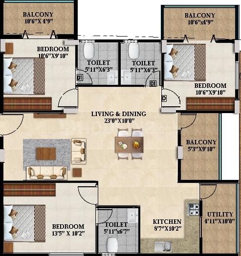 Splendid Lake Breez - 3 BHK Floor Plan