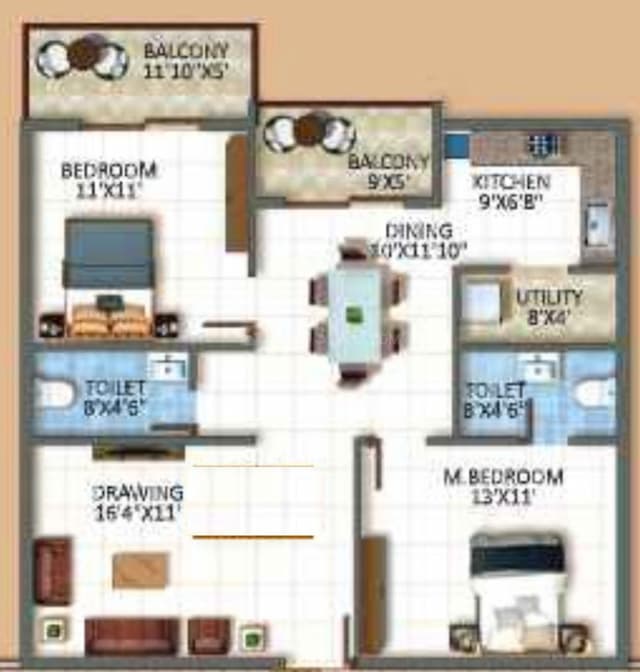 Sree Urban Orchids - 2 BHK Floor Plan