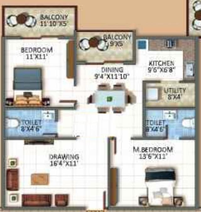 Sree Urban Orchids - 2 BHK Floor Plan