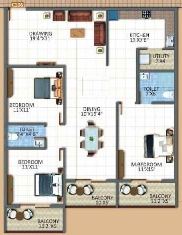 Sree Urban Orchids - 3 BHK Floor Plan