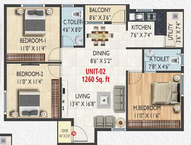 SSVL Sri Vari Residency - 3 BHK Floor Plan