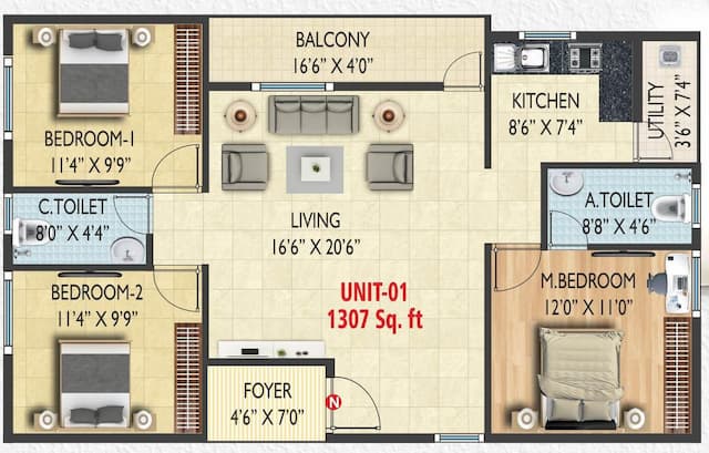 SSVL Sri Vari Residency - 3 BHK Floor Plan