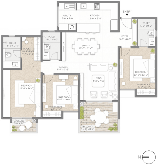 Assetz Sora and Saki - 3 BHK Floor Plan