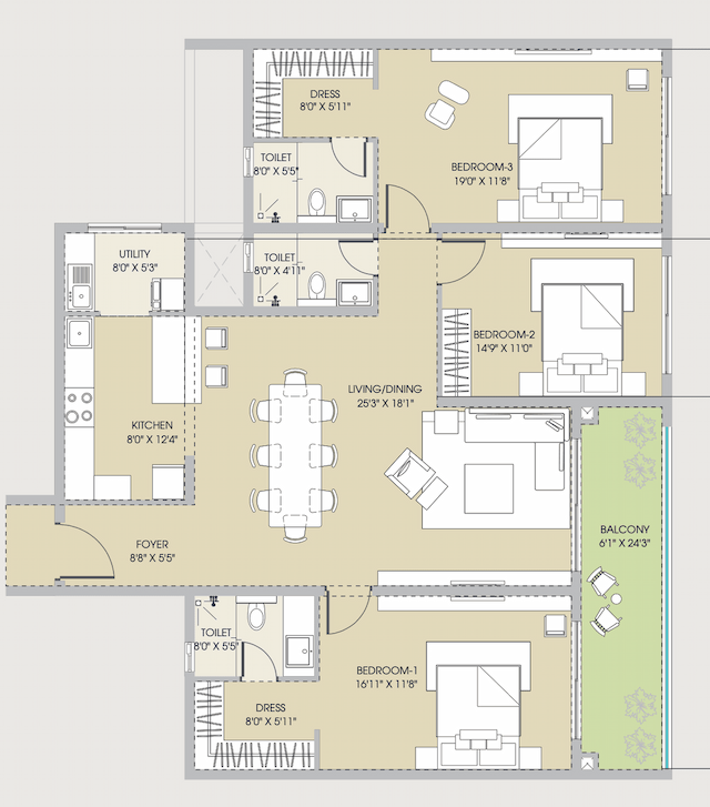 Century Regalia (Project 1) - 3 BHK Floor Plan