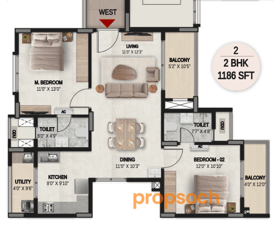 DSR the Courtyard - 2 BHK Floor Plan