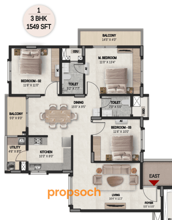 DSR the Courtyard - 3 BHK Floor Plan