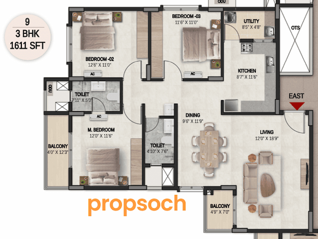DSR the Courtyard - 3 BHK Floor Plan