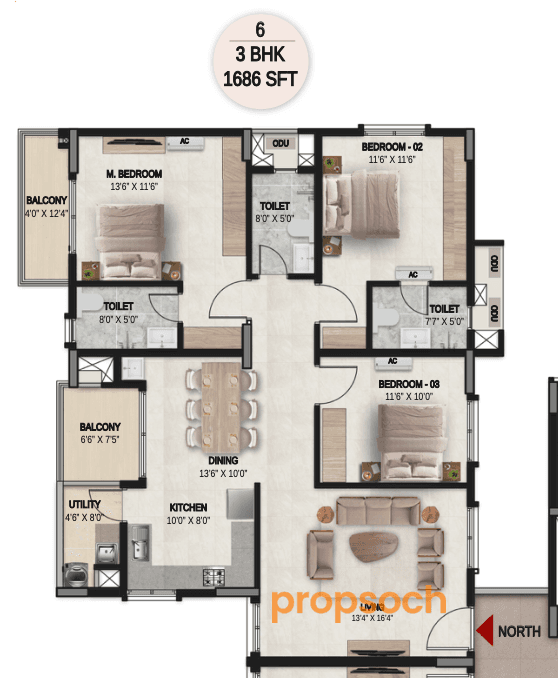 DSR the Courtyard - 3 BHK Floor Plan