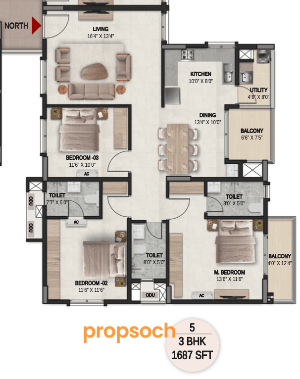 DSR the Courtyard - 3 BHK Floor Plan