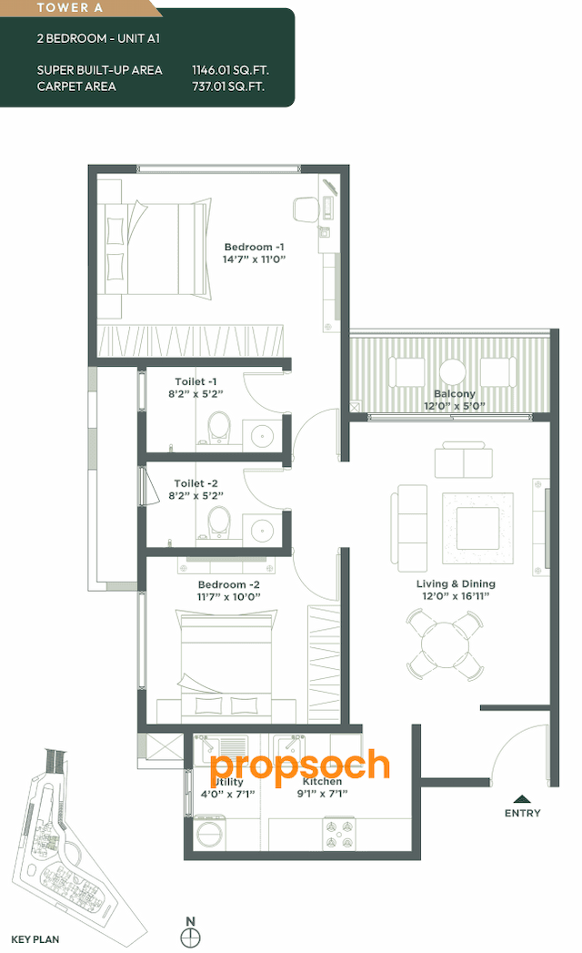 Embassy East Avenue - 2 BHK Floor Plan