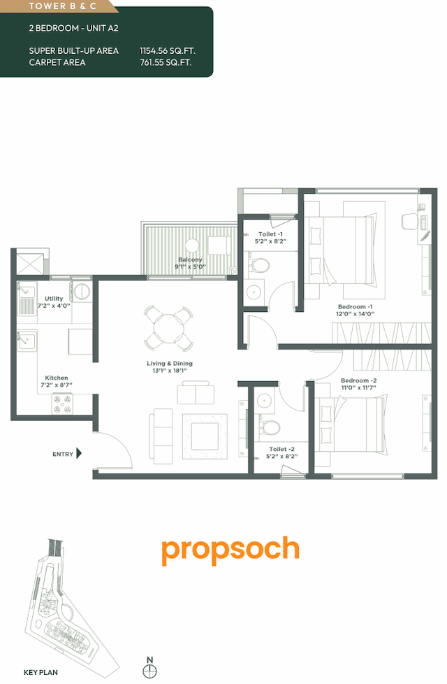 Embassy East Avenue - 2 BHK Floor Plan