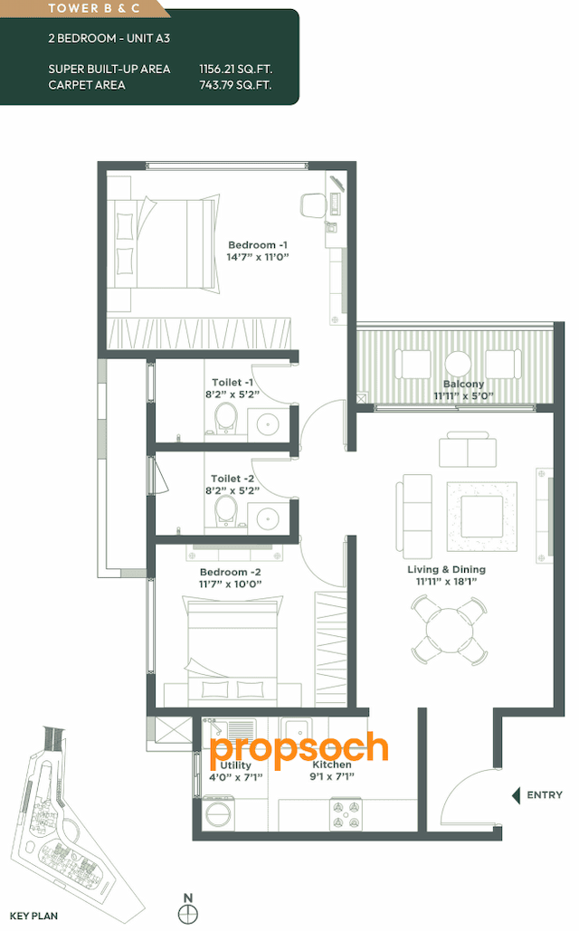 Embassy East Avenue - 2 BHK Floor Plan
