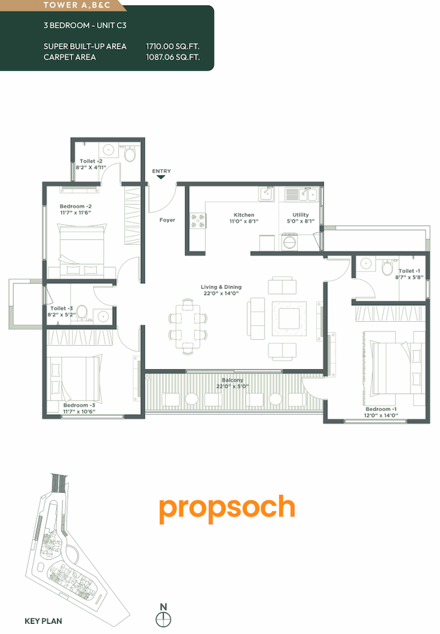 Embassy East Avenue - 3 BHK Floor Plan