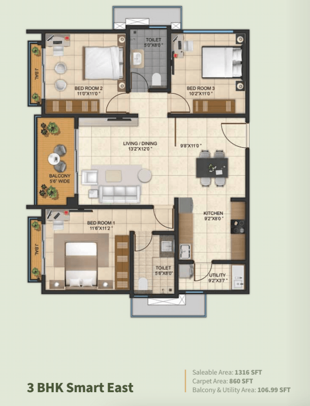 Livingtree By Kalyani Developers - 3 BHK Floor Plan