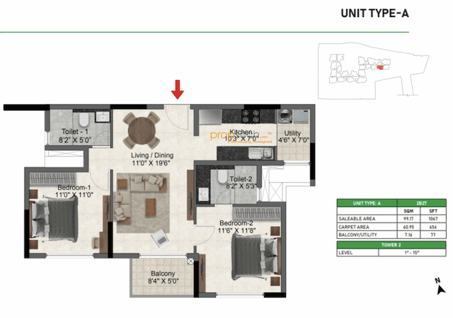 Prestige Glenbrook - 2 BHK Floor Plan