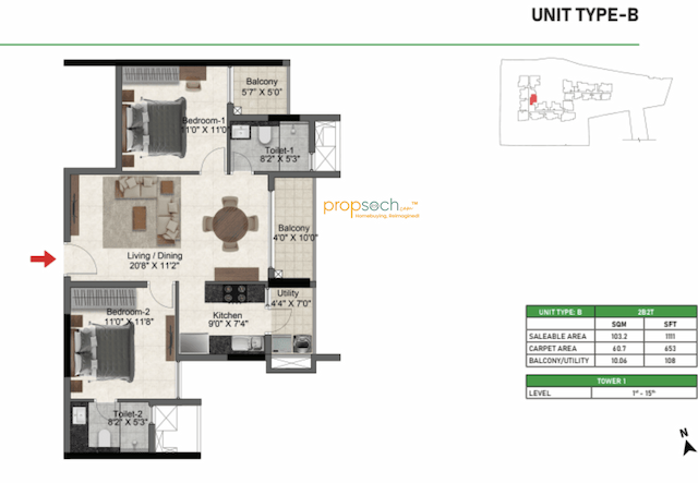 Prestige Glenbrook - 2 BHK Floor Plan