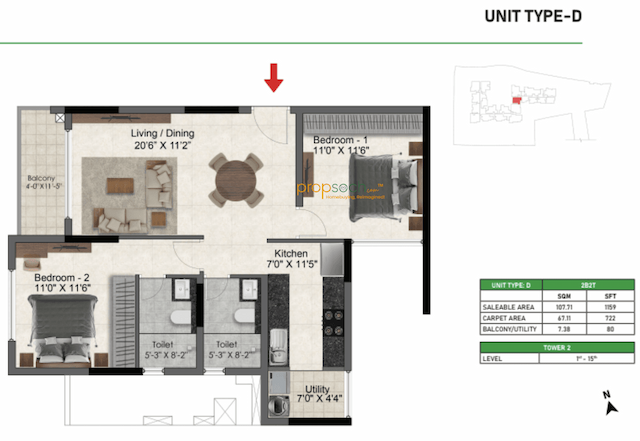 Prestige Glenbrook - 2 BHK Floor Plan