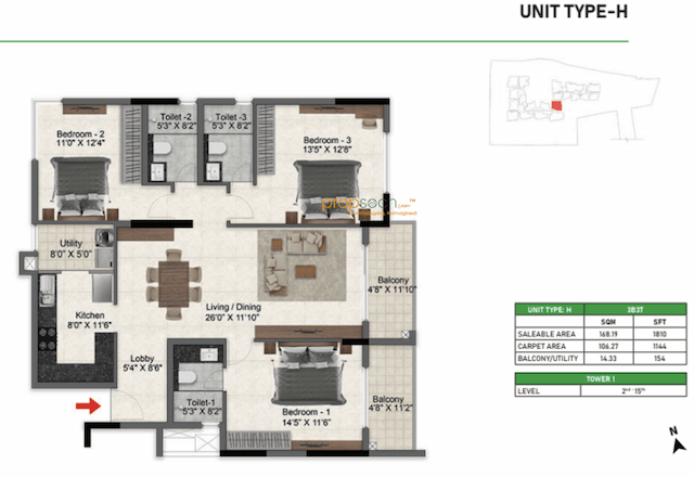 Prestige Glenbrook - 3 BHK Floor Plan