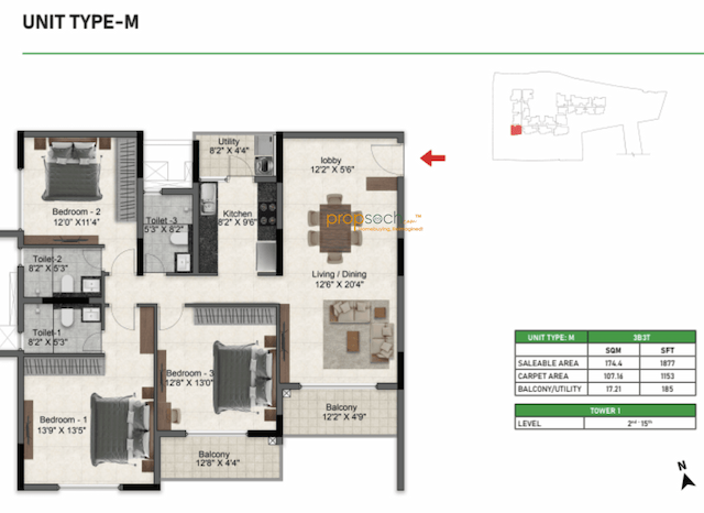 Prestige Glenbrook - 3 BHK Floor Plan