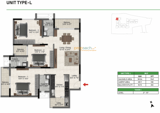 Prestige Glenbrook - 3 BHK Floor Plan