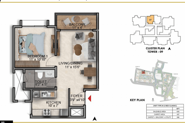 Prestige Southern Star - 1 BHK Floor Plan