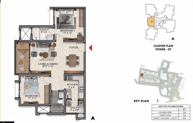 Prestige Southern Star - 2 BHK Floor Plan