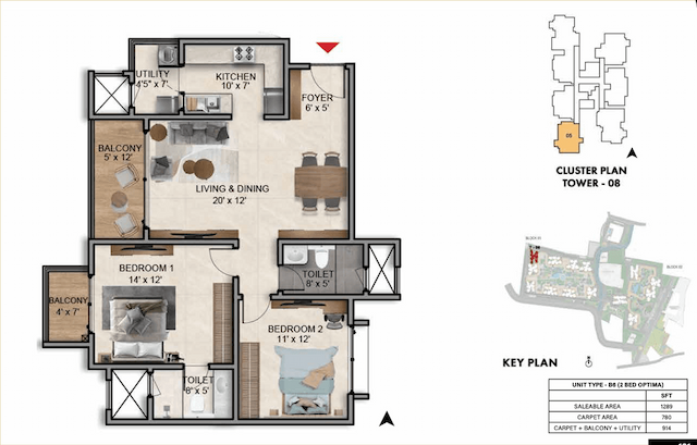 Prestige Southern Star - 2 BHK Floor Plan