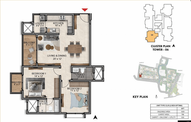 Prestige Southern Star - 2 BHK Floor Plan