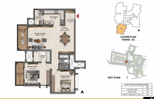 Prestige Southern Star - 2 BHK Floor Plan