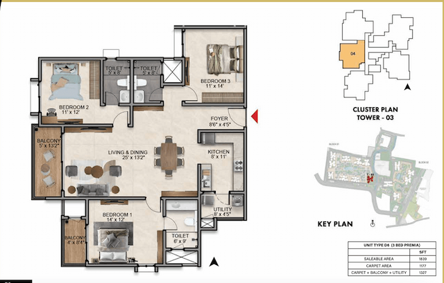 Prestige Southern Star - 3 BHK Floor Plan