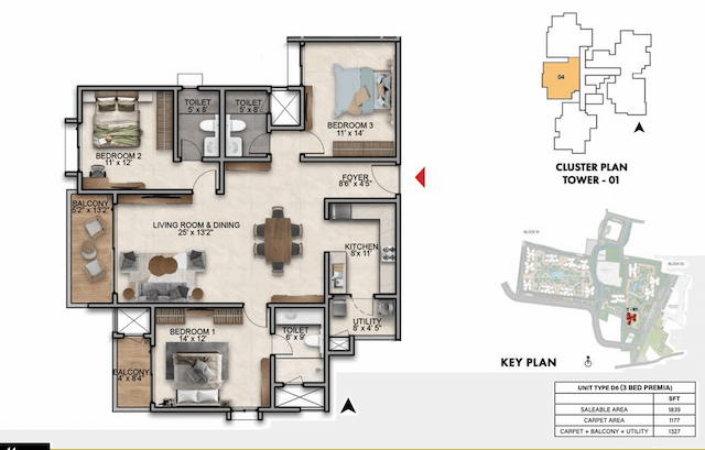Prestige Southern Star - 3 BHK Floor Plan