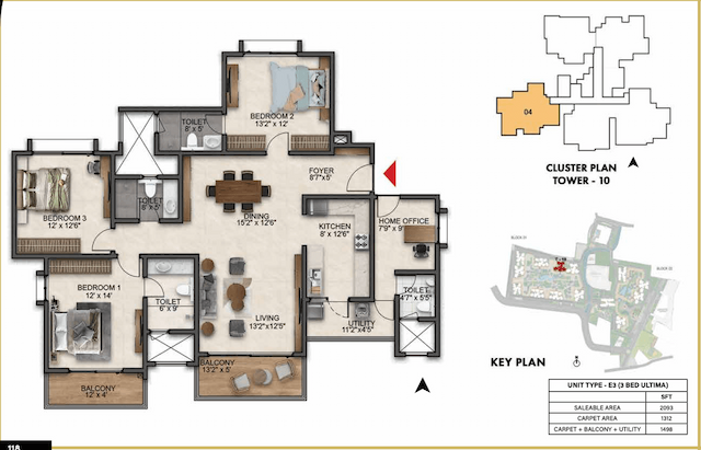 Prestige Southern Star - 3 BHK Floor Plan