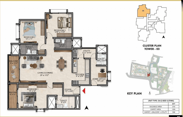 Prestige Southern Star - 3 BHK Floor Plan