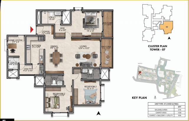 Prestige Southern Star - 3 BHK Floor Plan