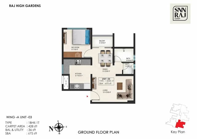 SNN Raj High Gardens - 1 BHK Floor Plan