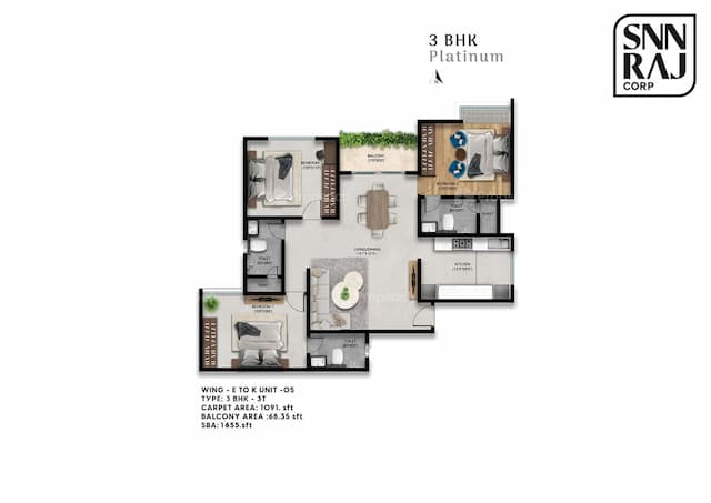 SNN Raj High Gardens - 3 BHK Floor Plan
